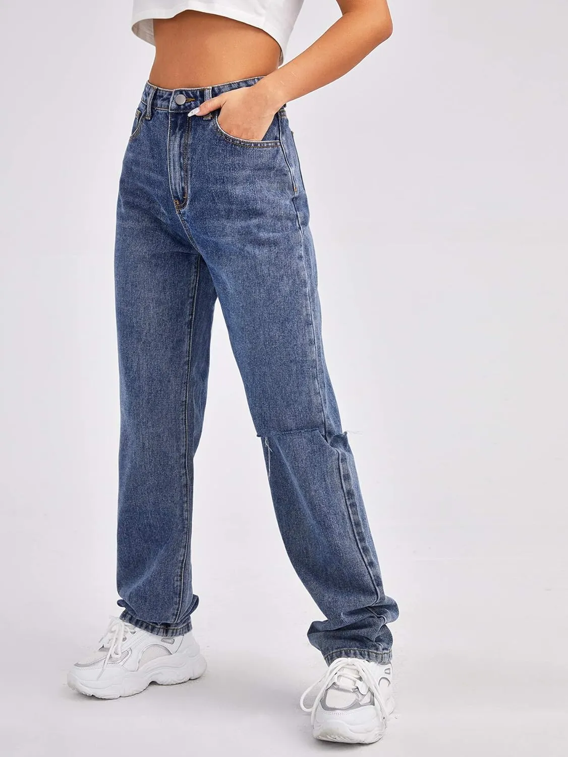 SweatyRocks Women's High Waist Slant Pocket Denim Jeans Ripped Straight Leg Pants