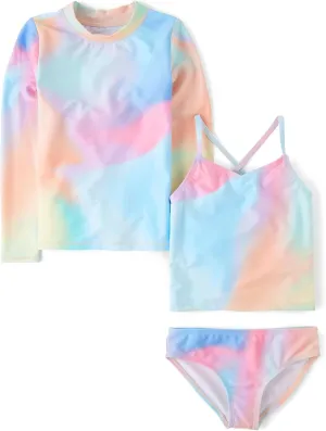 The Children's Place Girls' Long Sleeve Rashguard and Tankini Swimsuit, 3 Piece Set