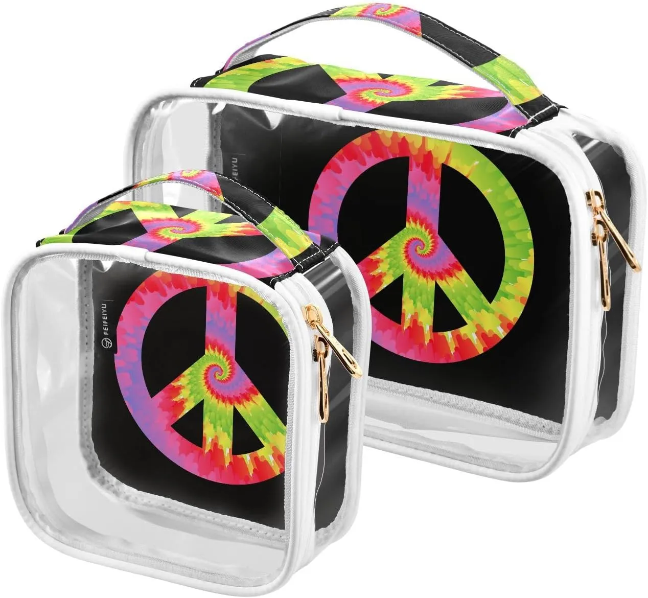 Tie-dye-peace Pattern 2 Pack Clear Toiletry Bag Women Men, Portable Waterproof Clear Pouch, Cosmetic Bag with Double Zippers Large Opening Traveling with Handle for Bathroom Traveling Vacation Organiz