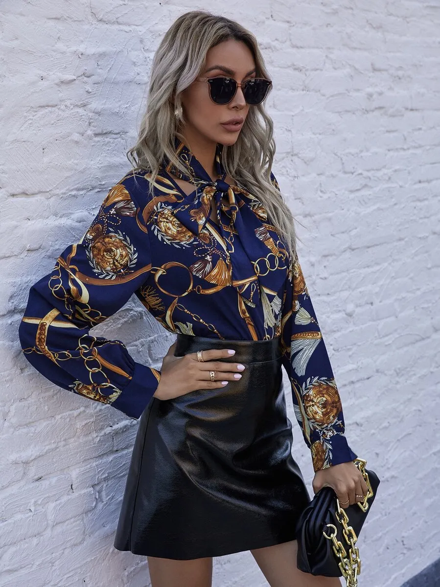 Tie Neck Chain Print Blouse