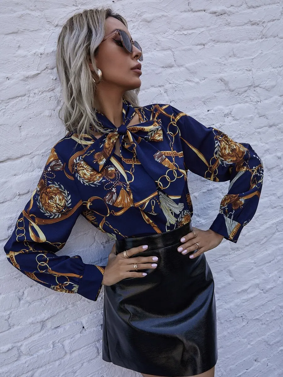 Tie Neck Chain Print Blouse
