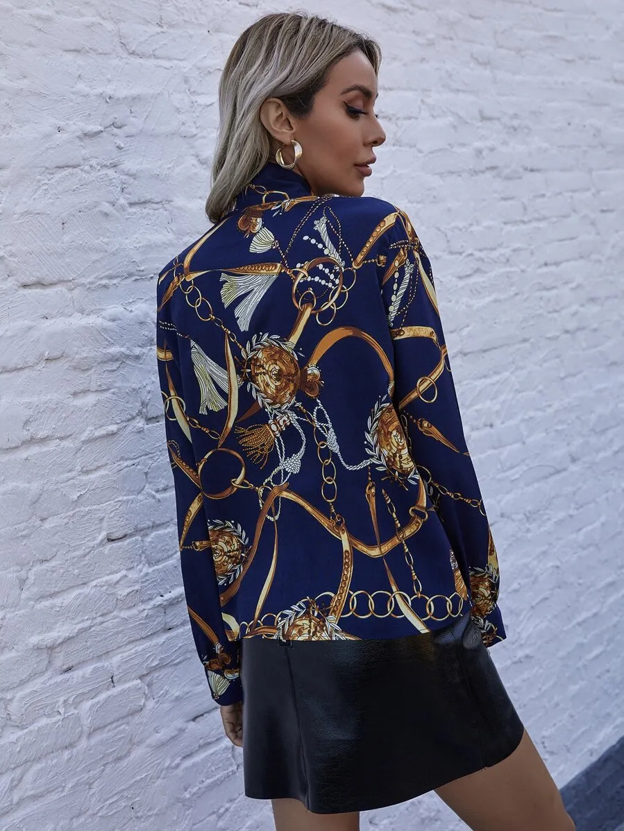 Tie Neck Chain Print Blouse