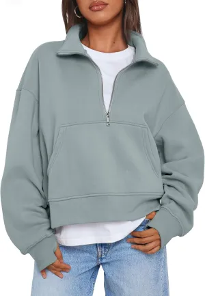 Trendy Queen Womens Sweatshirts Quarter Zip Pullover Oversized Cropped Sweater Fall Winter Hoodies