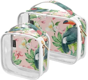 Tropical-pattern Flower 2 Pack Clear Toiletry Bag Women Men, Portable Waterproof Clear Pouch, Cosmetic Bag with Double Zippers Large Opening Traveling with Handle for Bathroom Traveling Vacation Organ