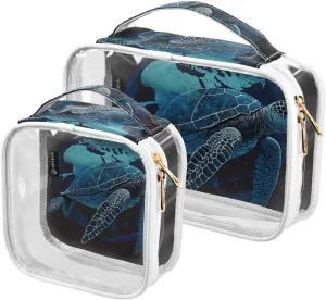 Turtle-blue 2 Pack Clear Toiletry Bag Women Men, Portable Waterproof Clear Pouch, Cosmetic Bag with Double Zippers Large Opening Traveling with Handle for Bathroom Traveling Vacation Organizing
