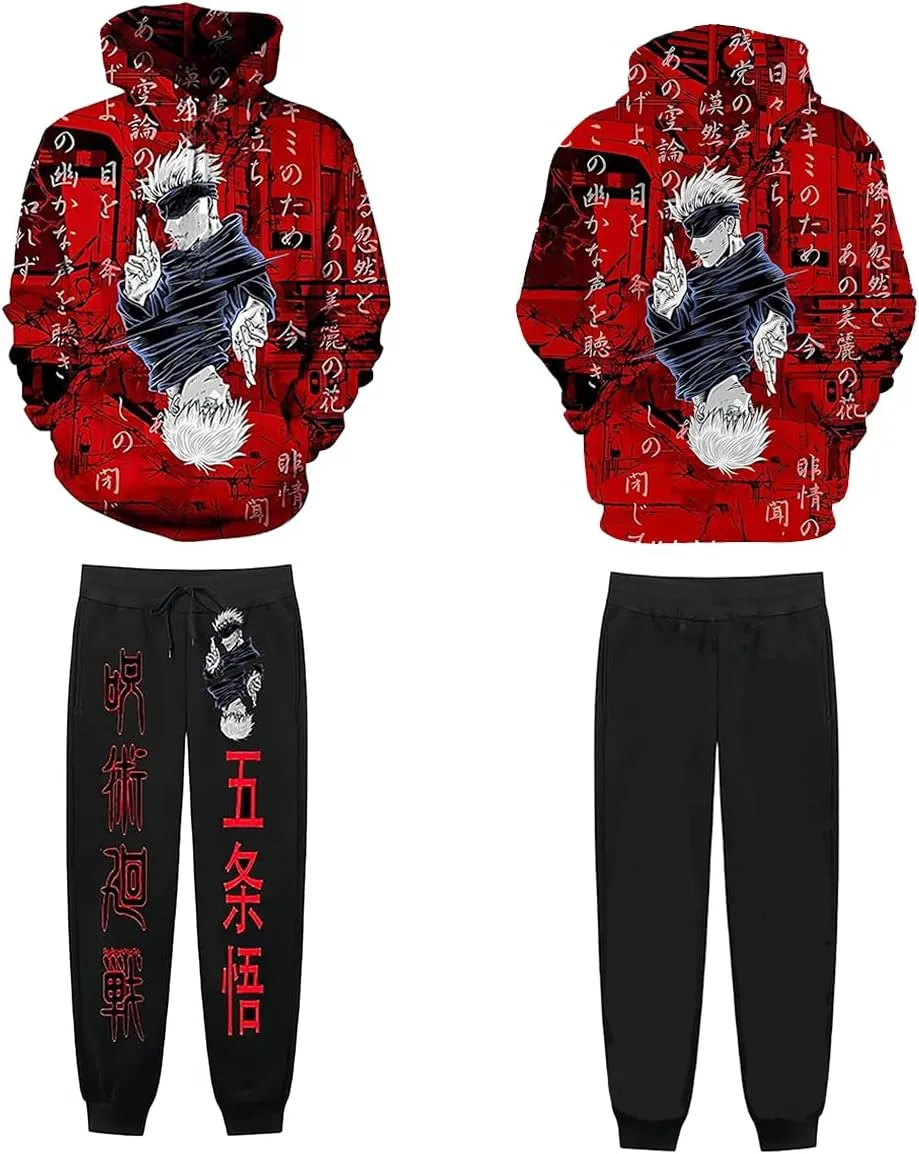 Unisex Anime Hoodie And Sweatpants JJK Cosplay Pullover Men Novelty 3D Printed Hooded Sweatshirt Tracksuit Suit