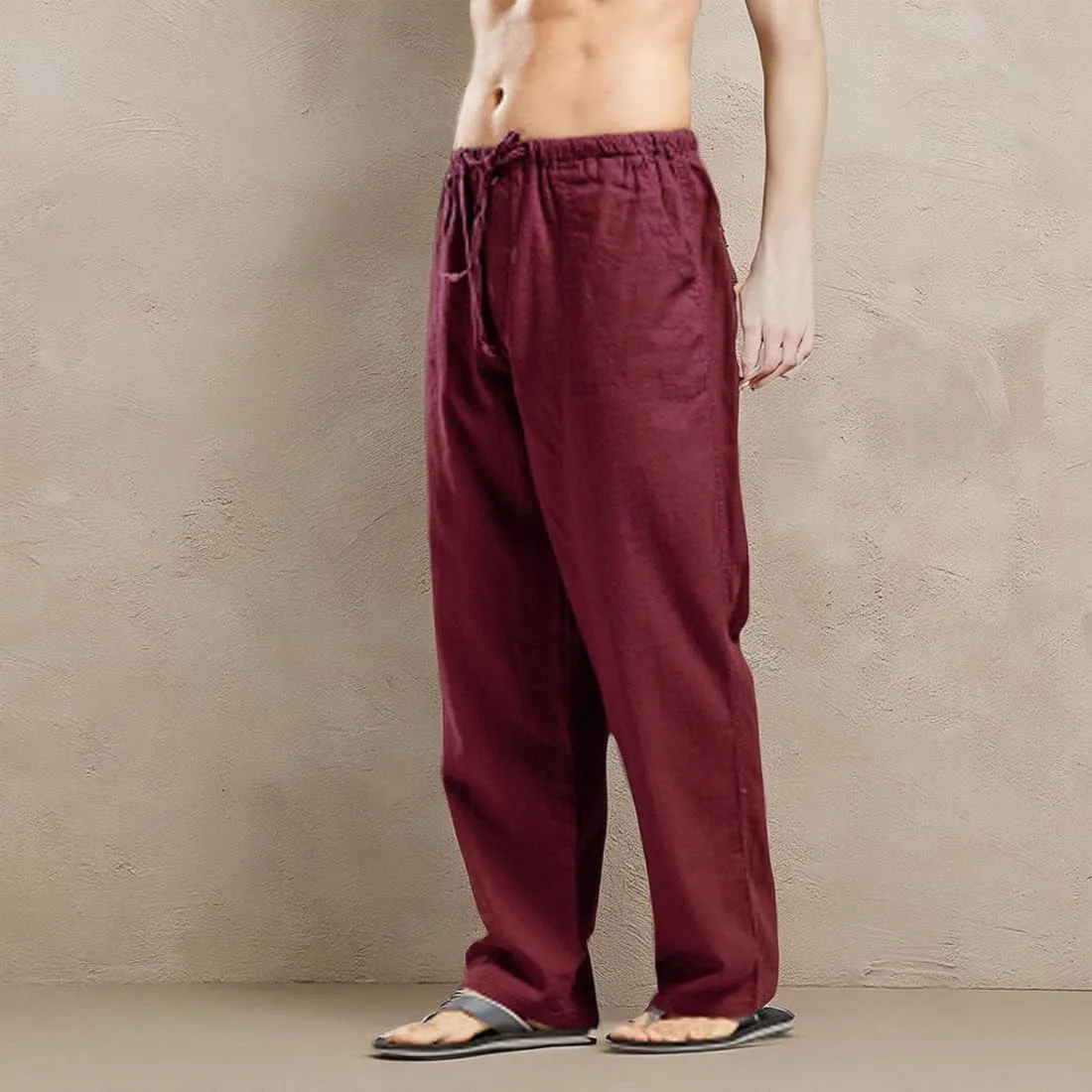utcoco Qiuse Men's Casual Loose Fit Straight-Legs Stretchy Waist Beach Pants