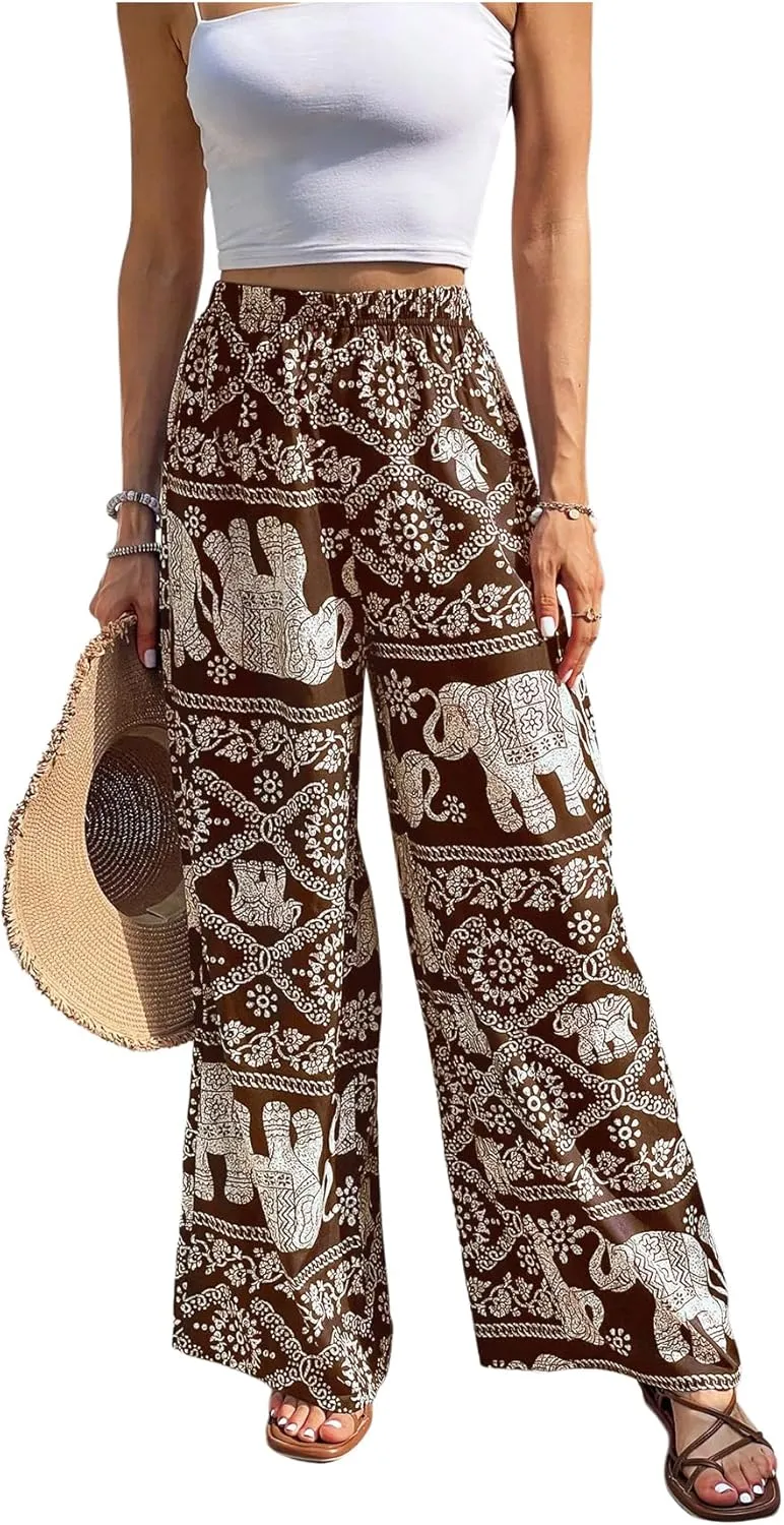 Verdusa Women's Boho Tribal Pants Wide Leg High Waist Long Trousers