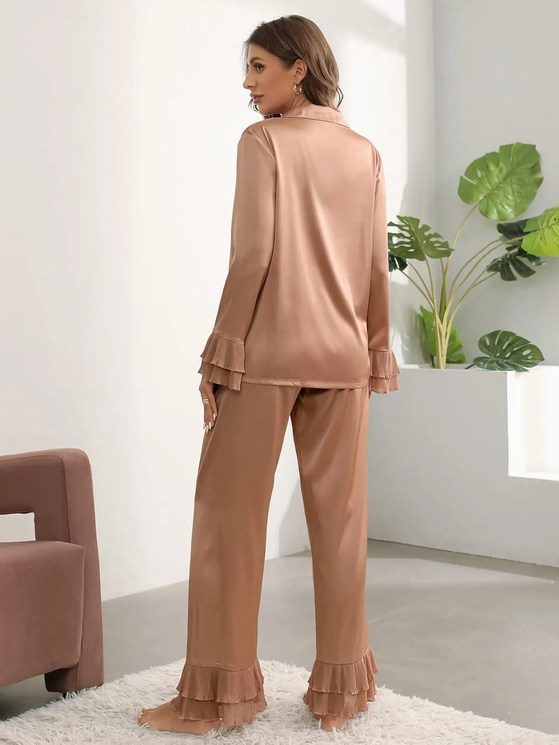 Verdusa Women's Satin Notch Collar Blouse and Ruffle Hem Pants PJ Set