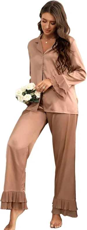 Verdusa Women's Satin Notch Collar Blouse and Ruffle Hem Pants PJ Set