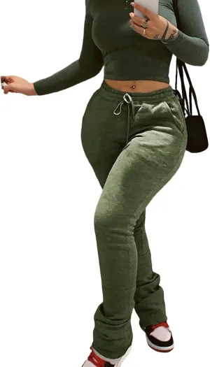 Viatabuna Women Stacked Leggings Pants Casual High Waist Sweatpants Ruched Workout Joggers Drawstring Bell Bottom Flare Pants