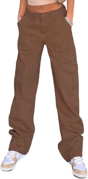 Viatabuna Women's High Waist Straight Leg Y2K Streetwear Cargo Pants Baggy Boyfriend Jeans with Pocket