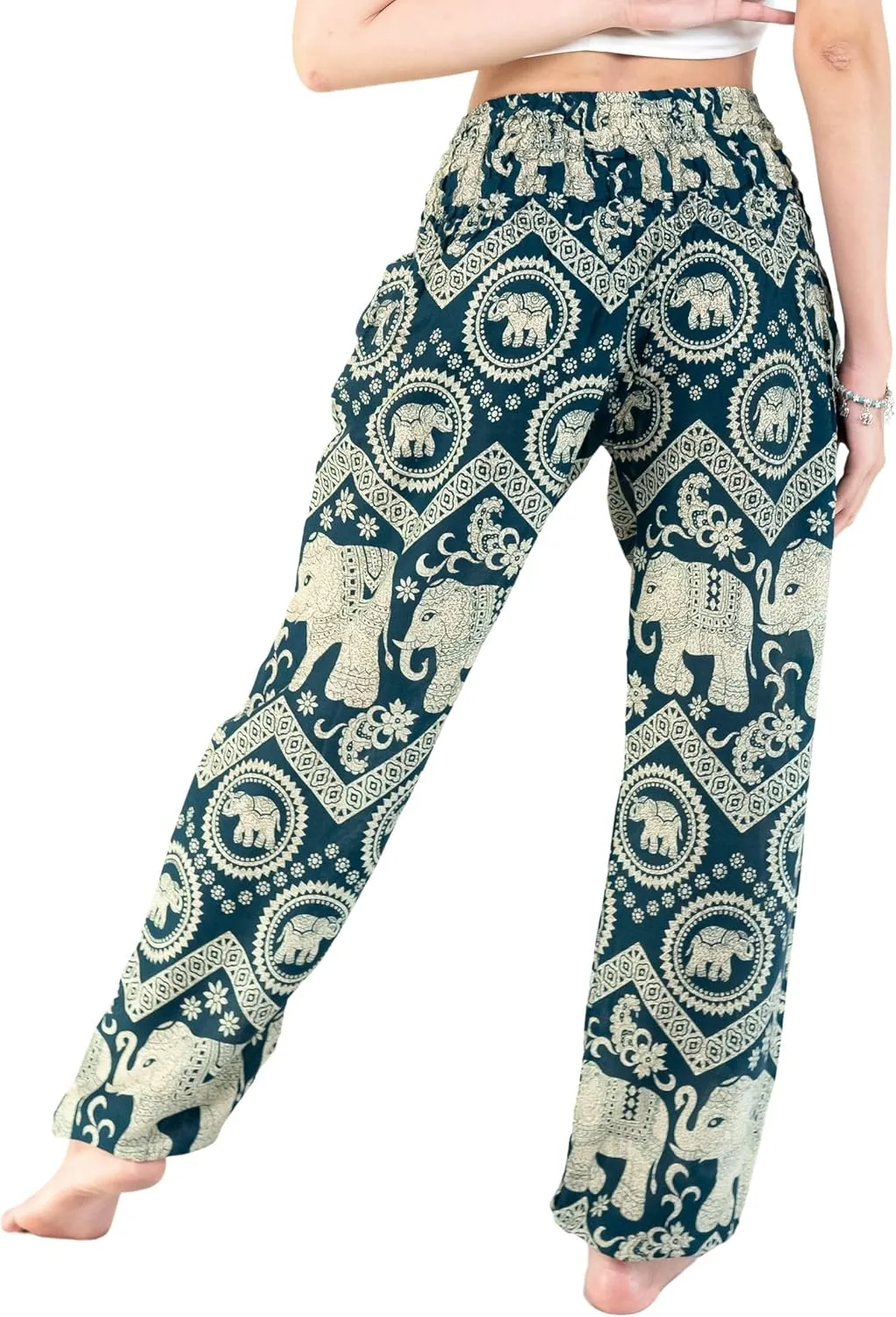 VIENG PING, Premium Rayon High-Waisted Boho Elephant Print Trousers Smocked Waist Harem Casual Yoga Pants for Women