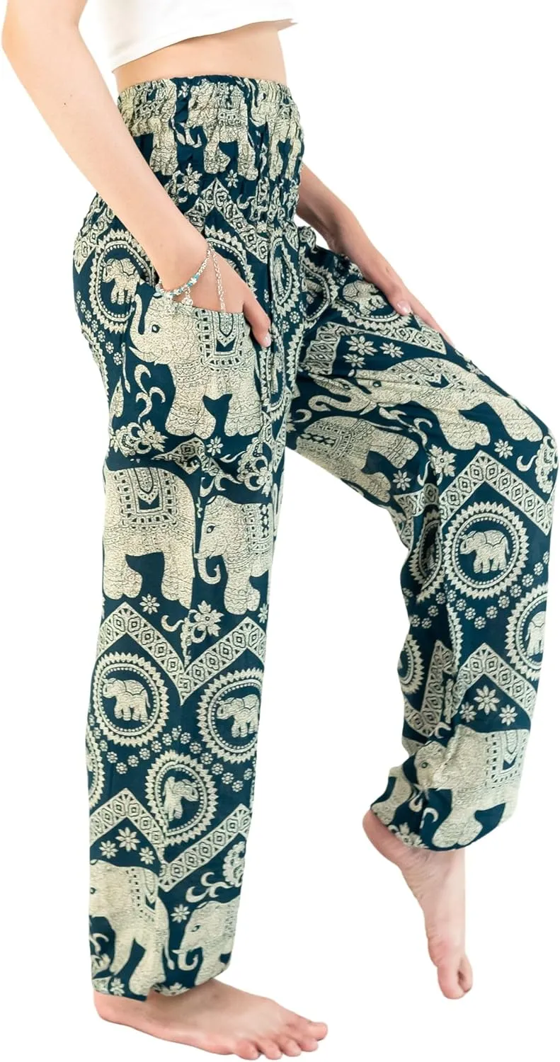 VIENG PING, Premium Rayon High-Waisted Boho Elephant Print Trousers Smocked Waist Harem Casual Yoga Pants for Women