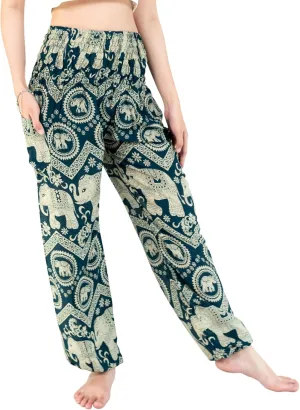 VIENG PING, Premium Rayon High-Waisted Boho Elephant Print Trousers Smocked Waist Harem Casual Yoga Pants for Women