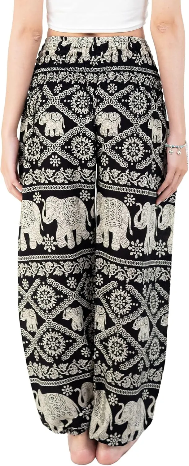 VIENG PING, Premium Rayon High-Waisted Boho Elephant Print Trousers Smocked Waist Harem Casual Yoga Pants for Women