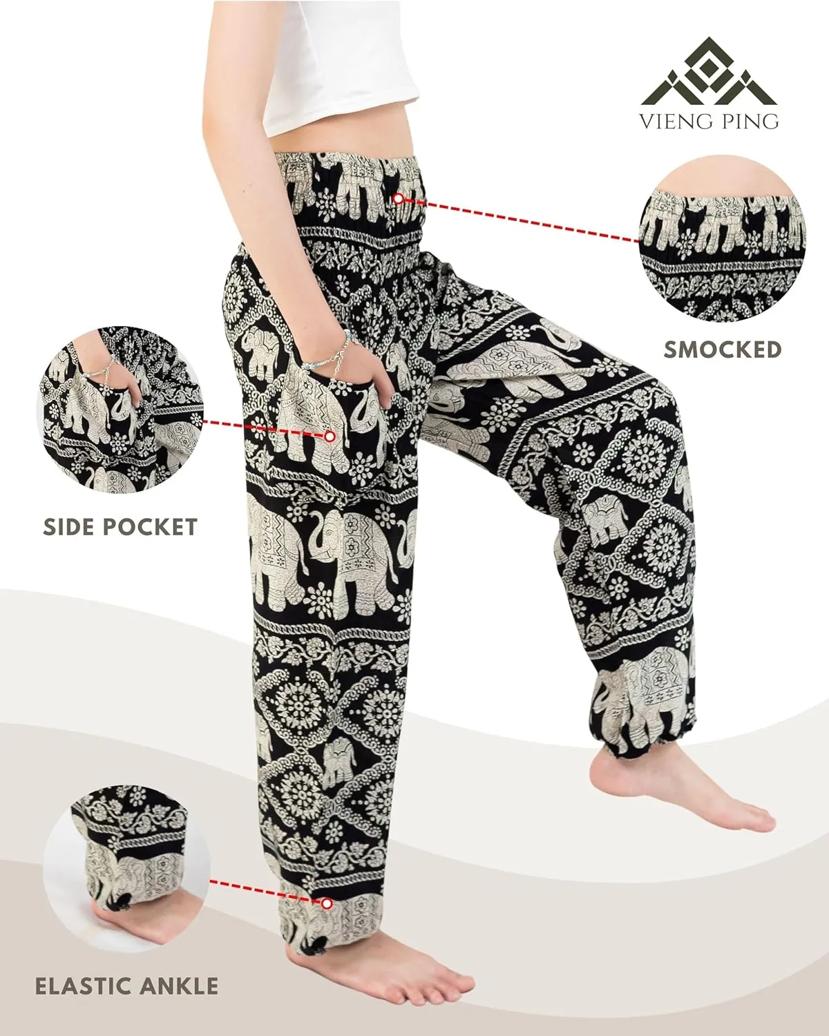 VIENG PING, Premium Rayon High-Waisted Boho Elephant Print Trousers Smocked Waist Harem Casual Yoga Pants for Women