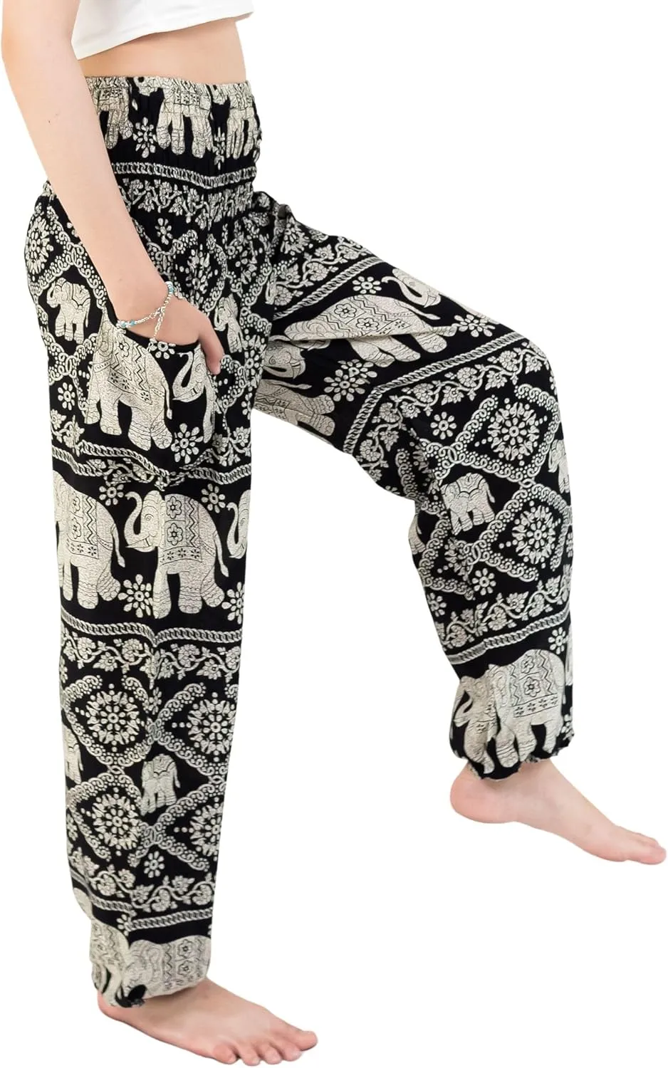 VIENG PING, Premium Rayon High-Waisted Boho Elephant Print Trousers Smocked Waist Harem Casual Yoga Pants for Women