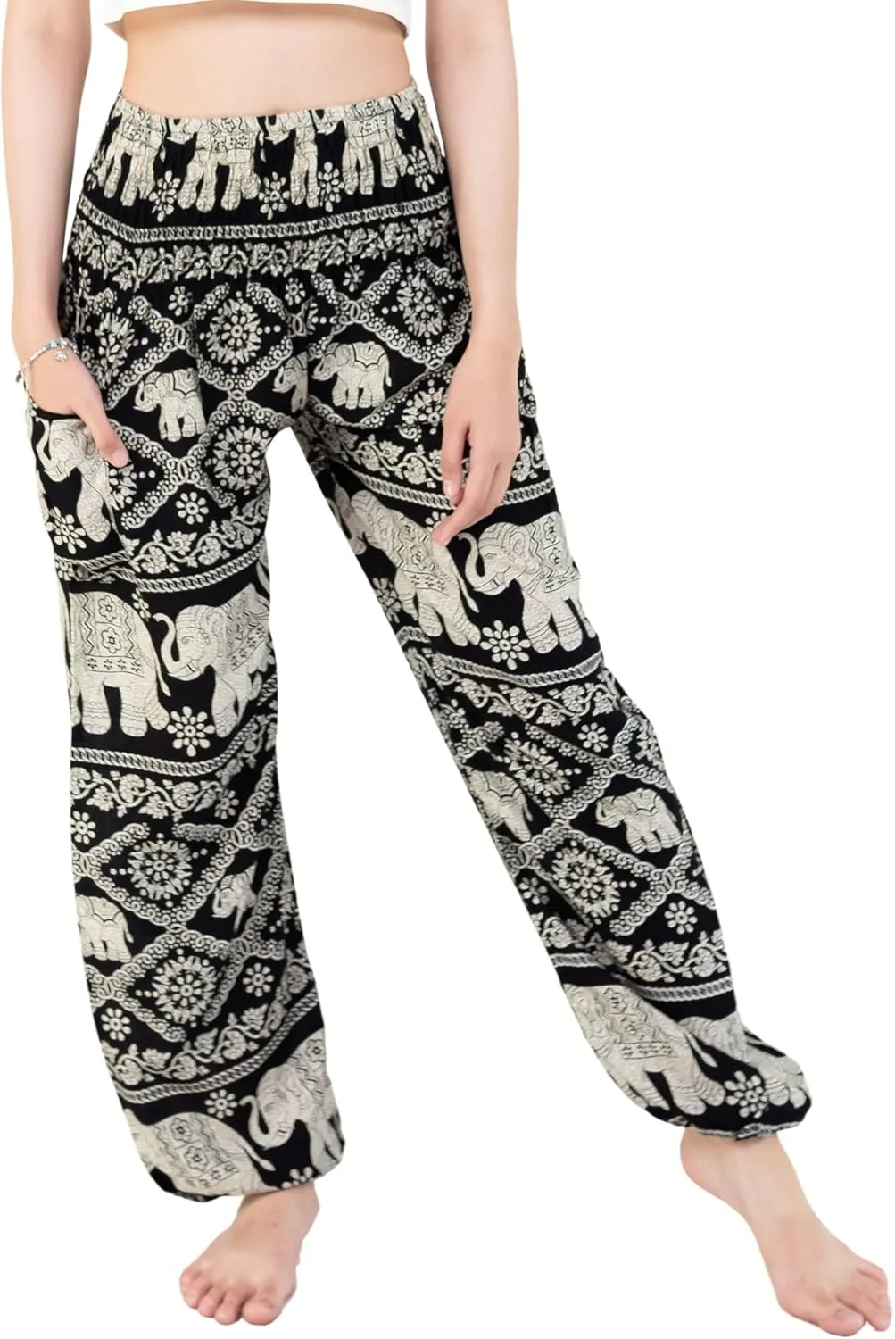 VIENG PING, Premium Rayon High-Waisted Boho Elephant Print Trousers Smocked Waist Harem Casual Yoga Pants for Women