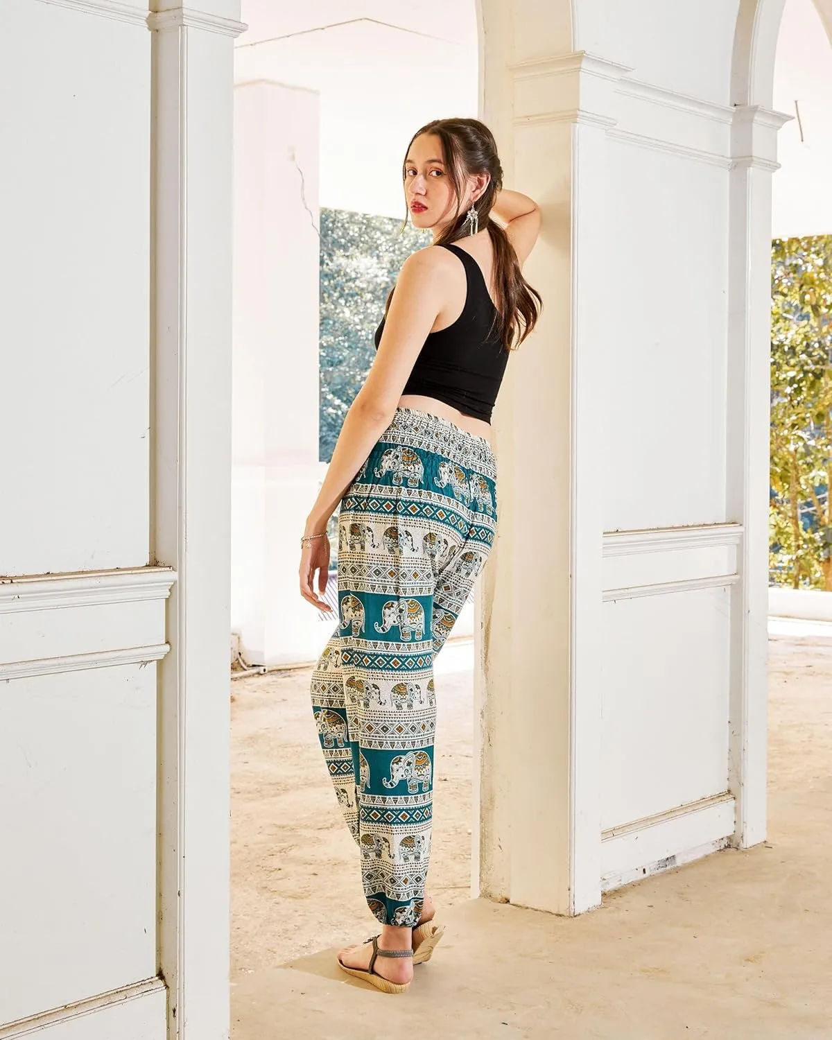 VIENG PING, Premium Rayon High-Waisted Boho Elephant Print Trousers Smocked Waist Harem Casual Yoga Pants for Women