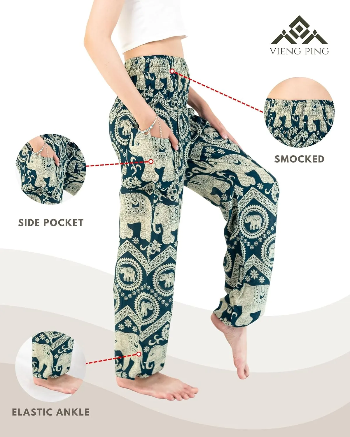 VIENG PING, Premium Rayon High-Waisted Boho Elephant Print Trousers Smocked Waist Harem Casual Yoga Pants for Women