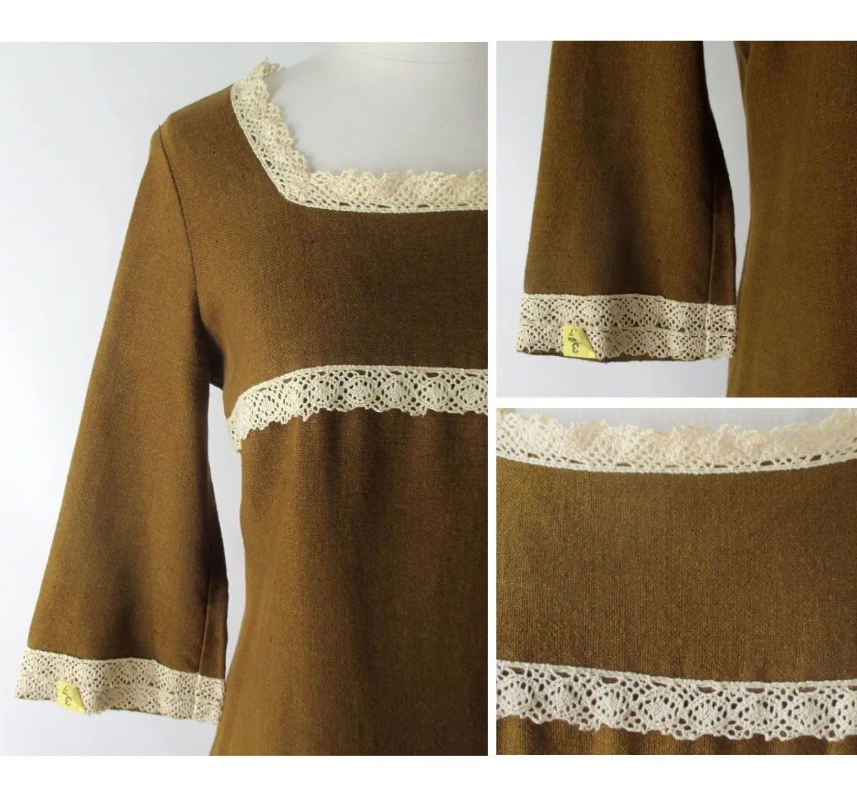 Vintage 60's Golden Brown Bell Sleeve Mini Dress L