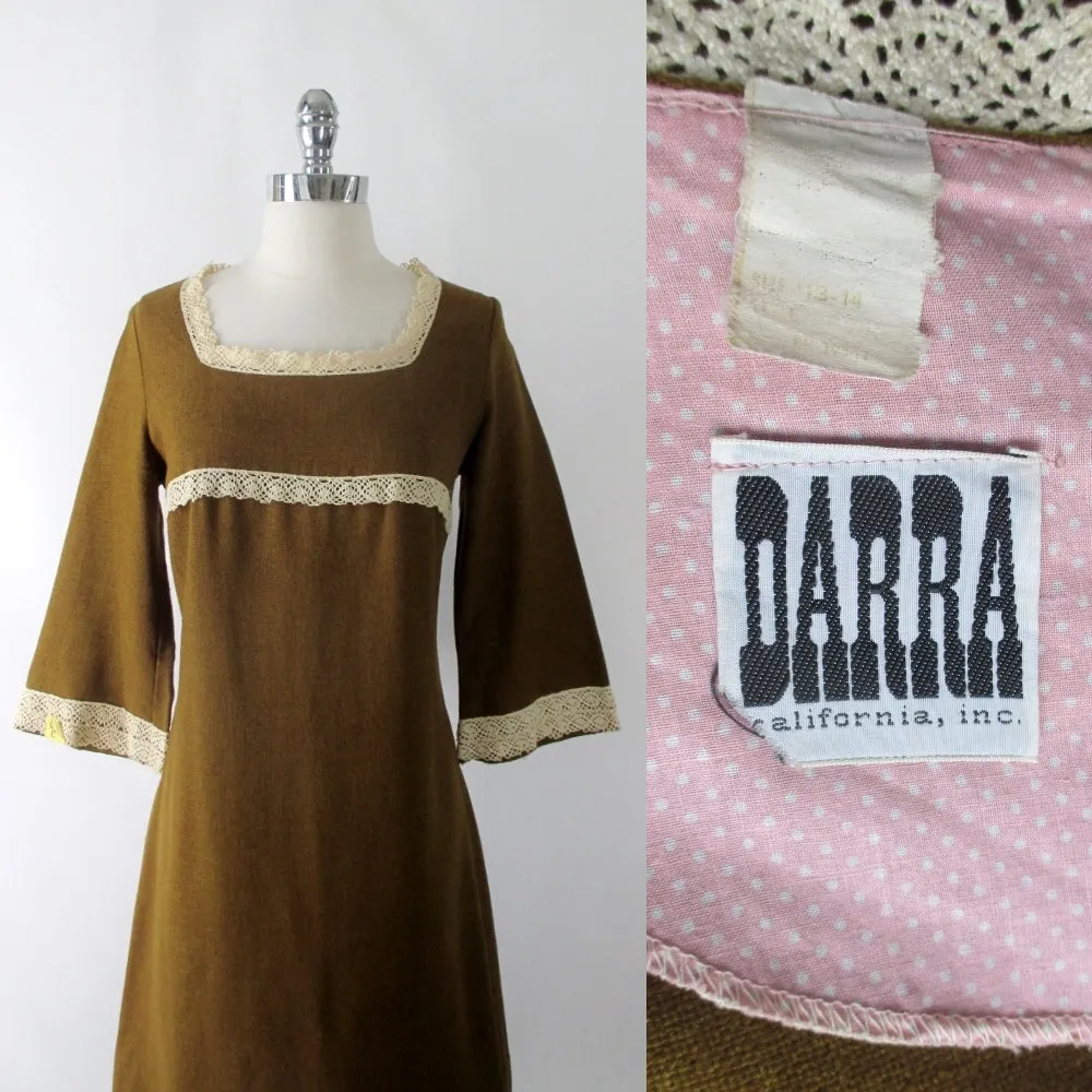 Vintage 60's Golden Brown Bell Sleeve Mini Dress L