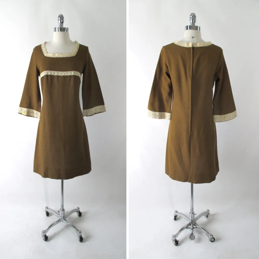 Vintage 60's Golden Brown Bell Sleeve Mini Dress L