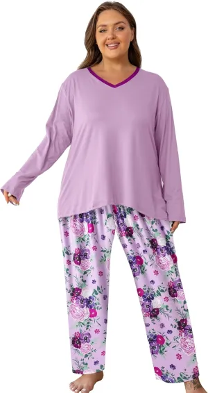 Vozanet Women Plus Size Pajama Sets Sexy V Neck Long Sleeve Long Pants Sleepwear Elegant Floral Pattern Jammies Size XL to 5X