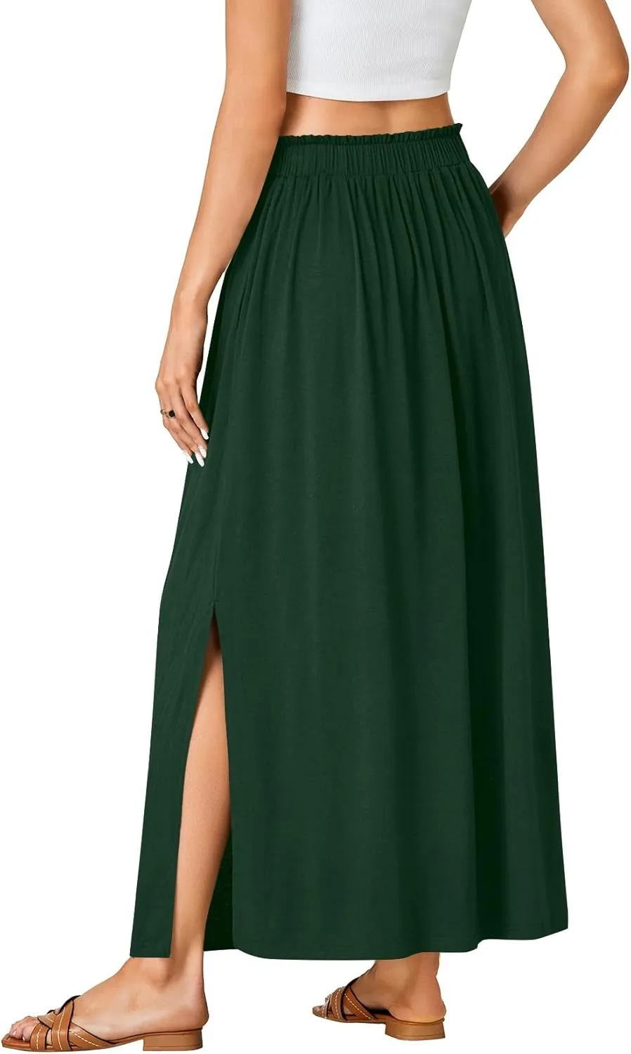 Vrtige Women's Casual Elastic High Waist A Line Flowy Maxi Long Skirt with Pockets