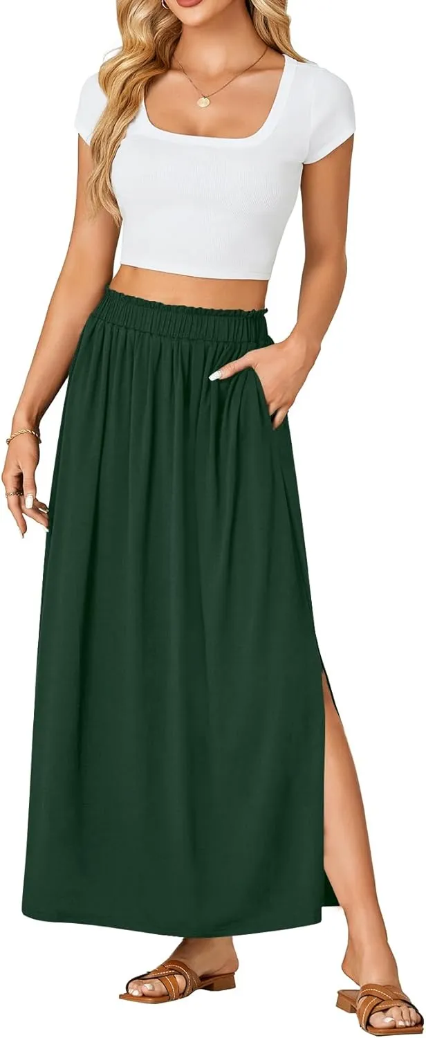Vrtige Women's Casual Elastic High Waist A Line Flowy Maxi Long Skirt with Pockets