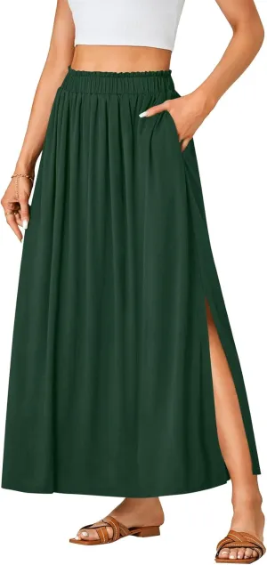 Vrtige Women's Casual Elastic High Waist A Line Flowy Maxi Long Skirt with Pockets