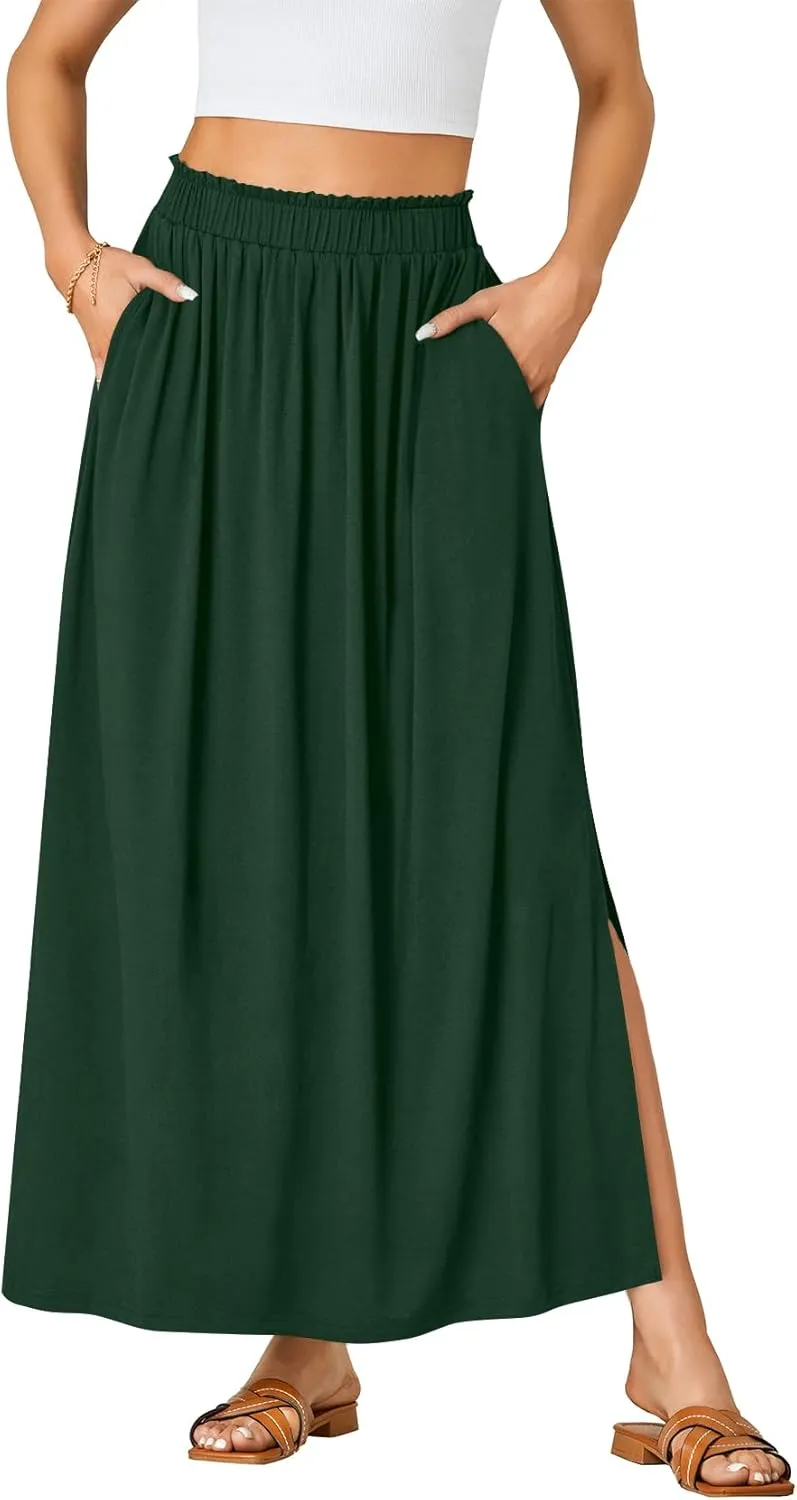 Vrtige Women's Casual Elastic High Waist A Line Flowy Maxi Long Skirt with Pockets