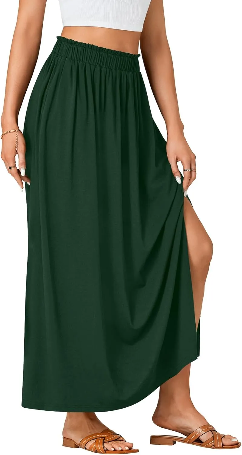 Vrtige Women's Casual Elastic High Waist A Line Flowy Maxi Long Skirt with Pockets