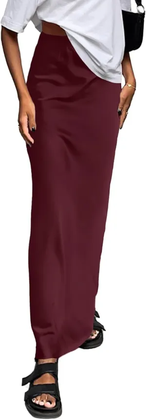 Vrtige Women's Elegant Satin Silky High Waist Zipper Flowy A Line Maxi Long Skirt