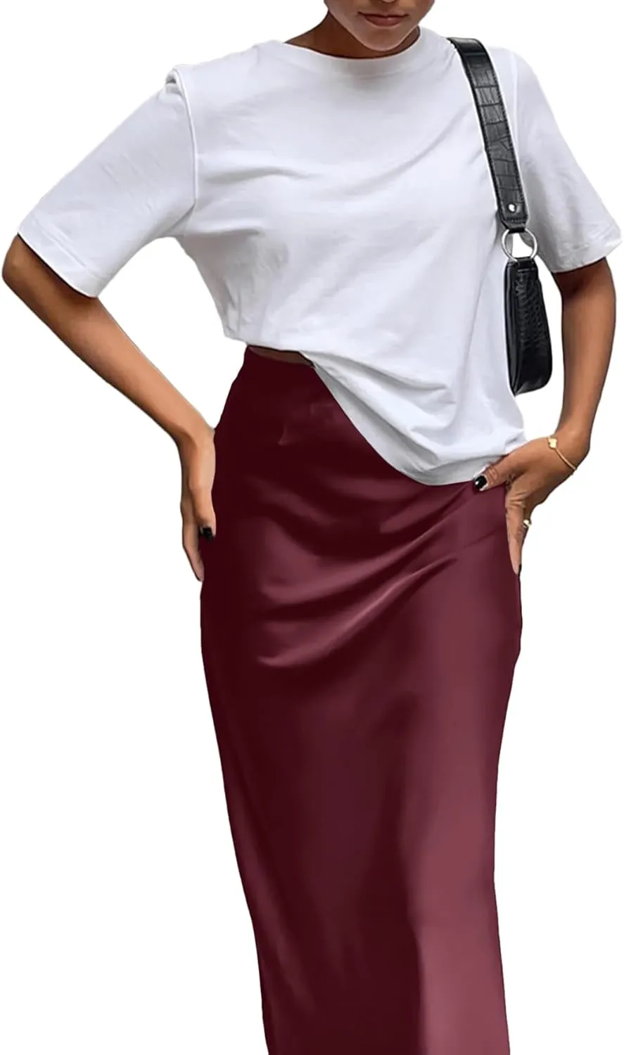 Vrtige Women's Elegant Satin Silky High Waist Zipper Flowy A Line Maxi Long Skirt