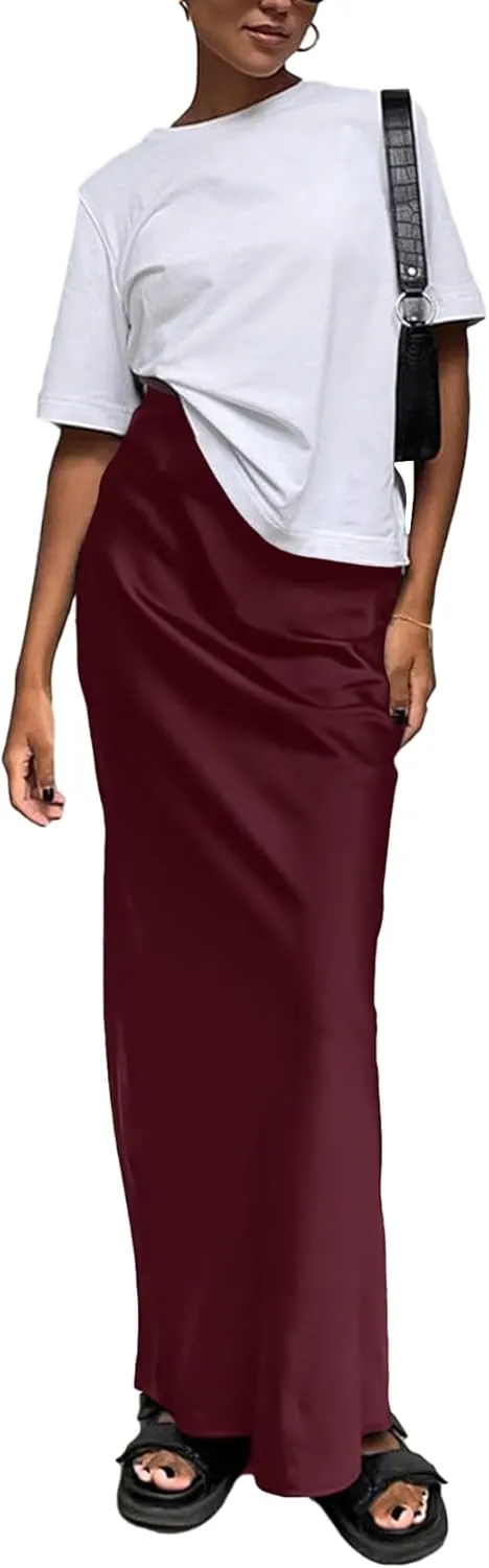 Vrtige Women's Elegant Satin Silky High Waist Zipper Flowy A Line Maxi Long Skirt
