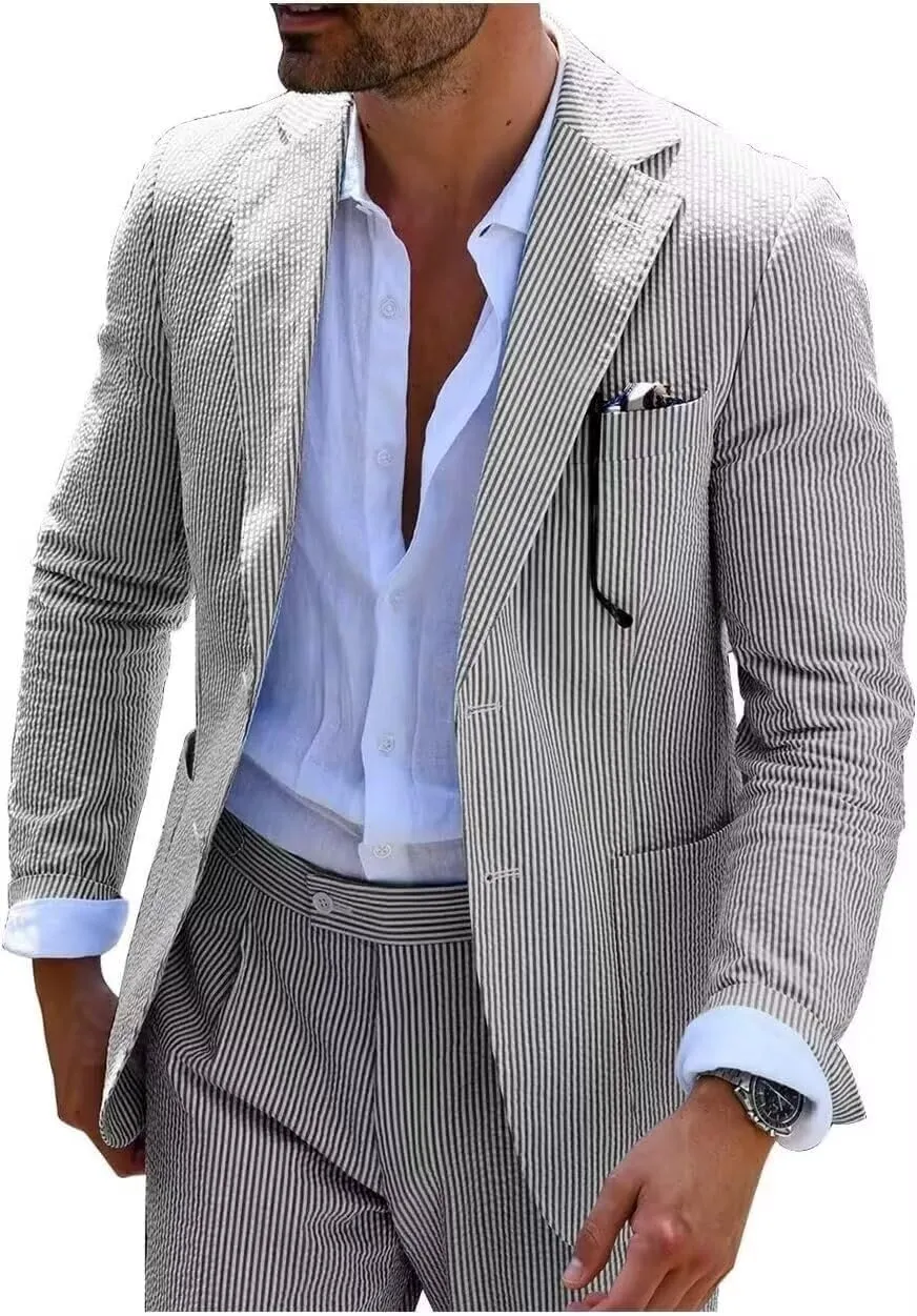 Wehilion Men 2 Pieces Seersucker Suit Casual 2 Button Slim Fit Striped Suits for Men Summer Wedding Prom Suit Jacket Pants