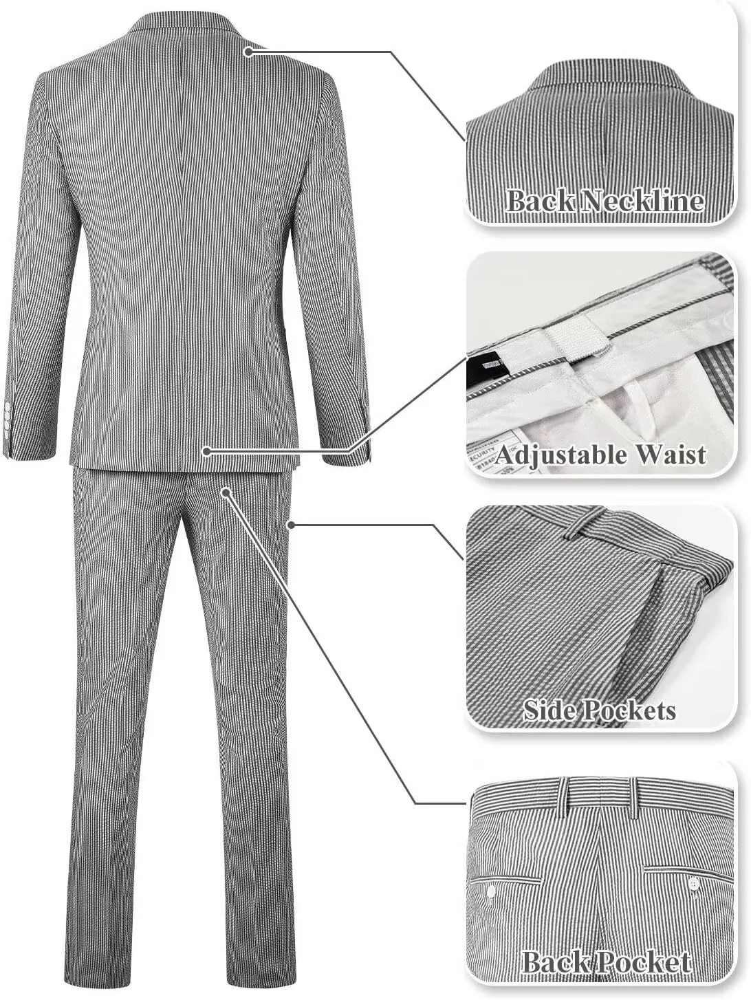Wehilion Men 2 Pieces Seersucker Suit Casual 2 Button Slim Fit Striped Suits for Men Summer Wedding Prom Suit Jacket Pants