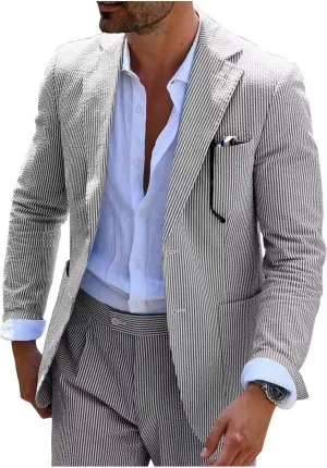 Wehilion Men 2 Pieces Seersucker Suit Casual 2 Button Slim Fit Striped Suits for Men Summer Wedding Prom Suit Jacket Pants