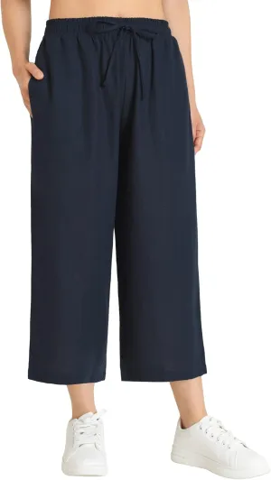 Weintee Women's Linen Capris Wide Leg Cropped Pants with Pockets