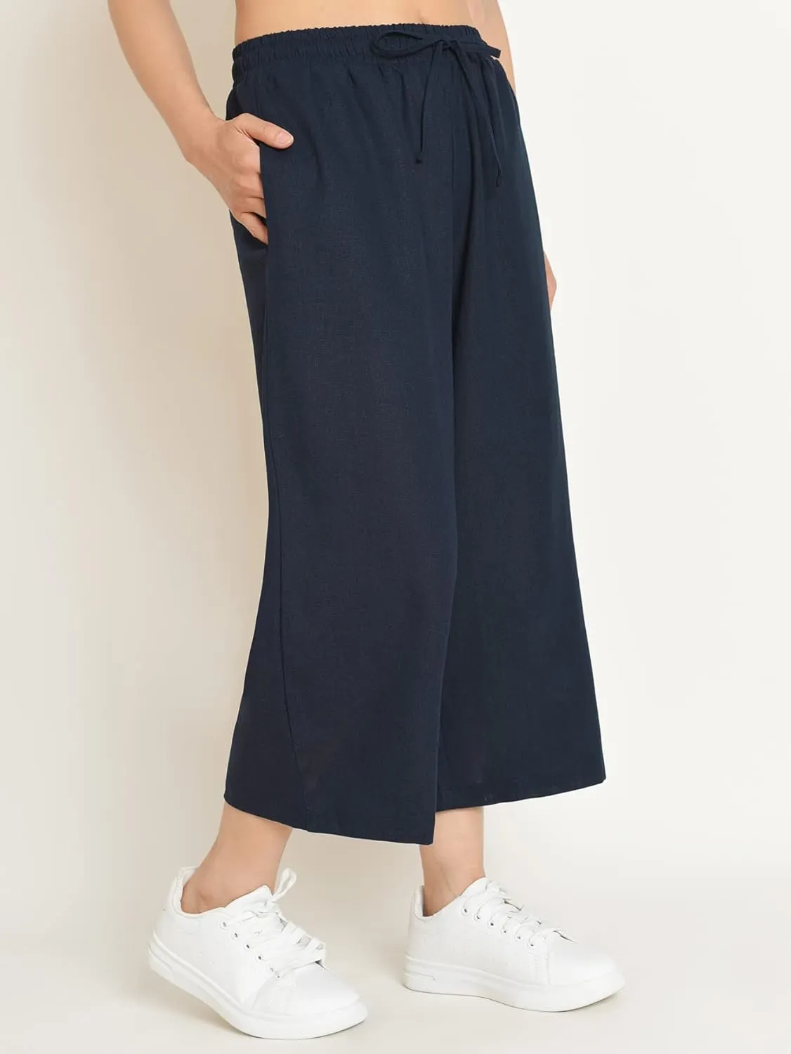 Weintee Women's Linen Capris Wide Leg Cropped Pants with Pockets