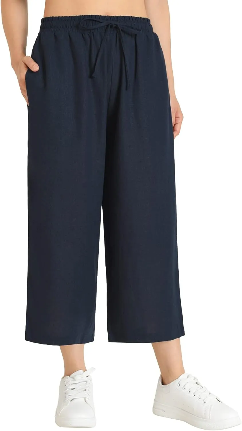Weintee Women's Linen Capris Wide Leg Cropped Pants with Pockets