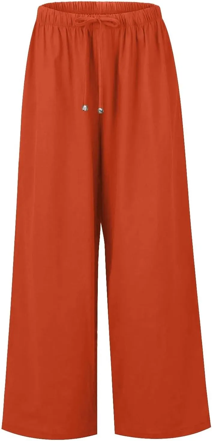 Wide Leg Linen Pants for Women Summer Flowy High Waisted Linen Pants Linen Beach Pants Palazzo Trousers with Pockets