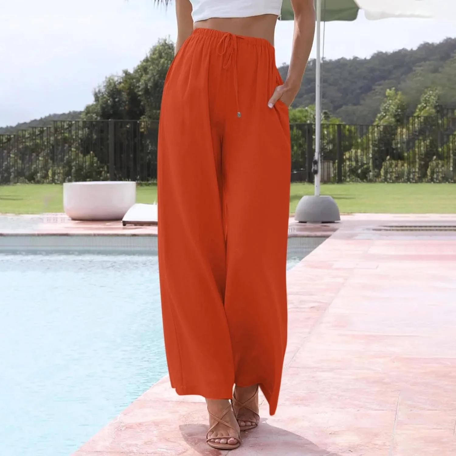 Wide Leg Linen Pants for Women Summer Flowy High Waisted Linen Pants Linen Beach Pants Palazzo Trousers with Pockets