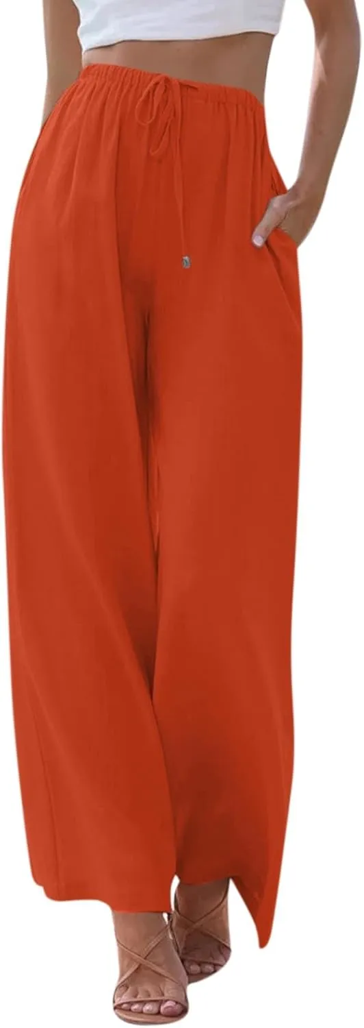 Wide Leg Linen Pants for Women Summer Flowy High Waisted Linen Pants Linen Beach Pants Palazzo Trousers with Pockets
