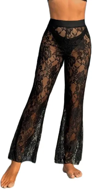 Woman Sexy See Through Lace Pants High Waist Flare Leg Trouser Solid Flower Lace Bell Bottoms Pants Streetwear
