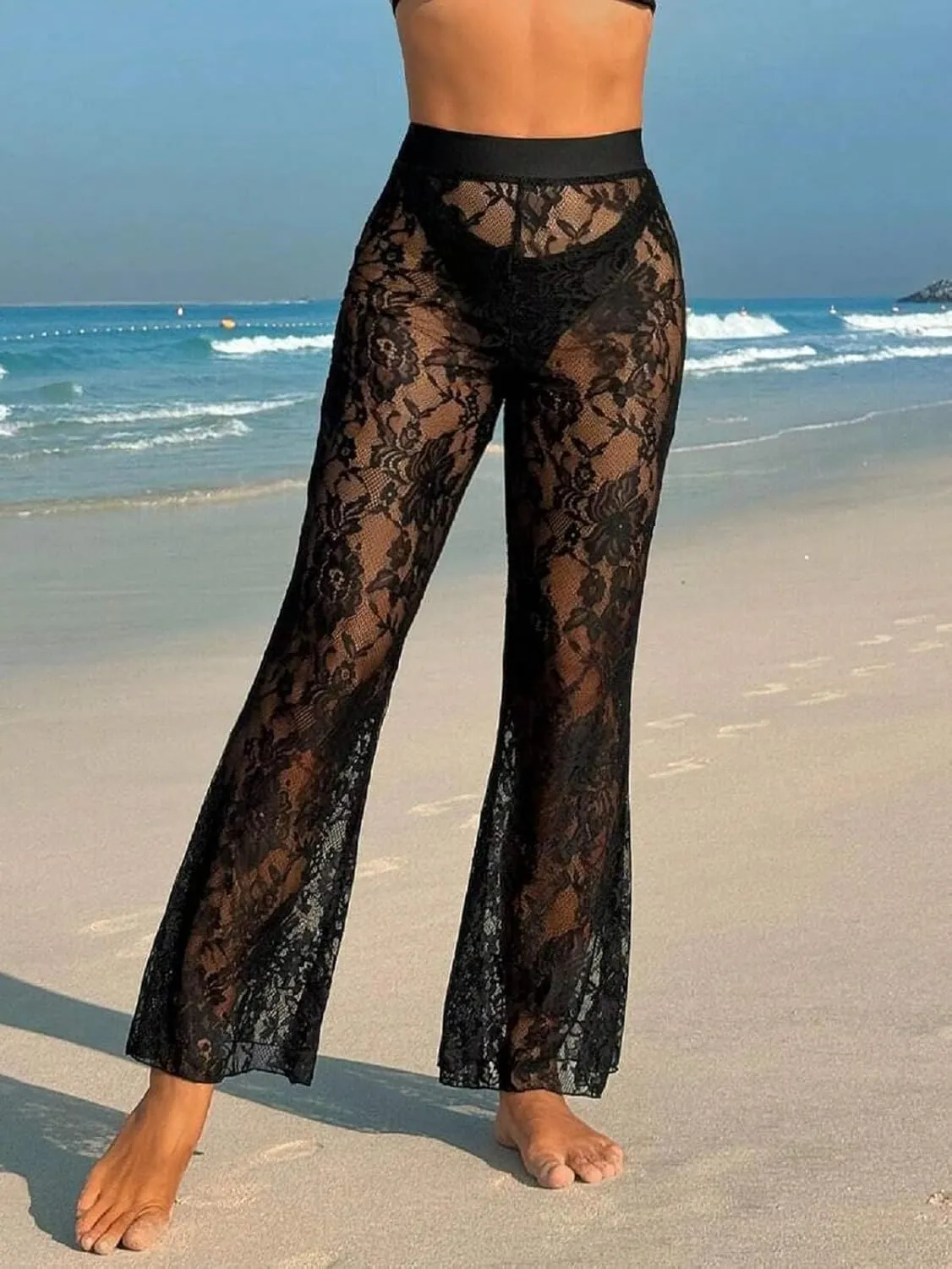 Woman Sexy See Through Lace Pants High Waist Flare Leg Trouser Solid Flower Lace Bell Bottoms Pants Streetwear