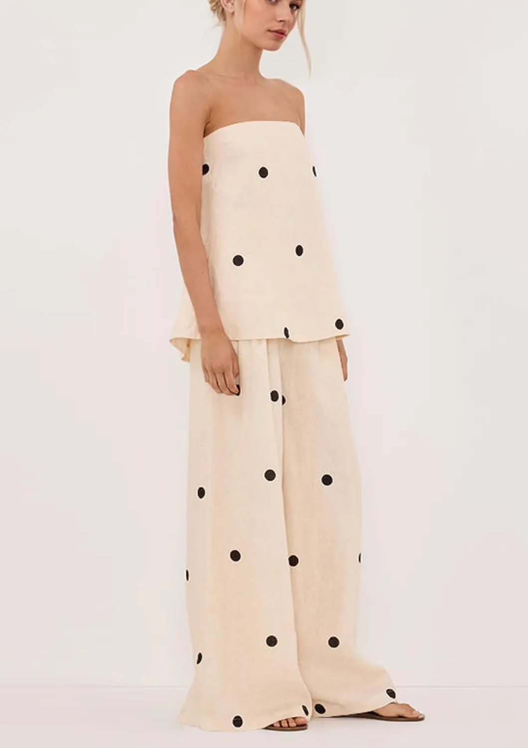 Women 2 Piece Outfits Polka Dot Summer Pants Set Strapless Tube Top High Elastic Waist Wide Leg Pants Lounge Sets