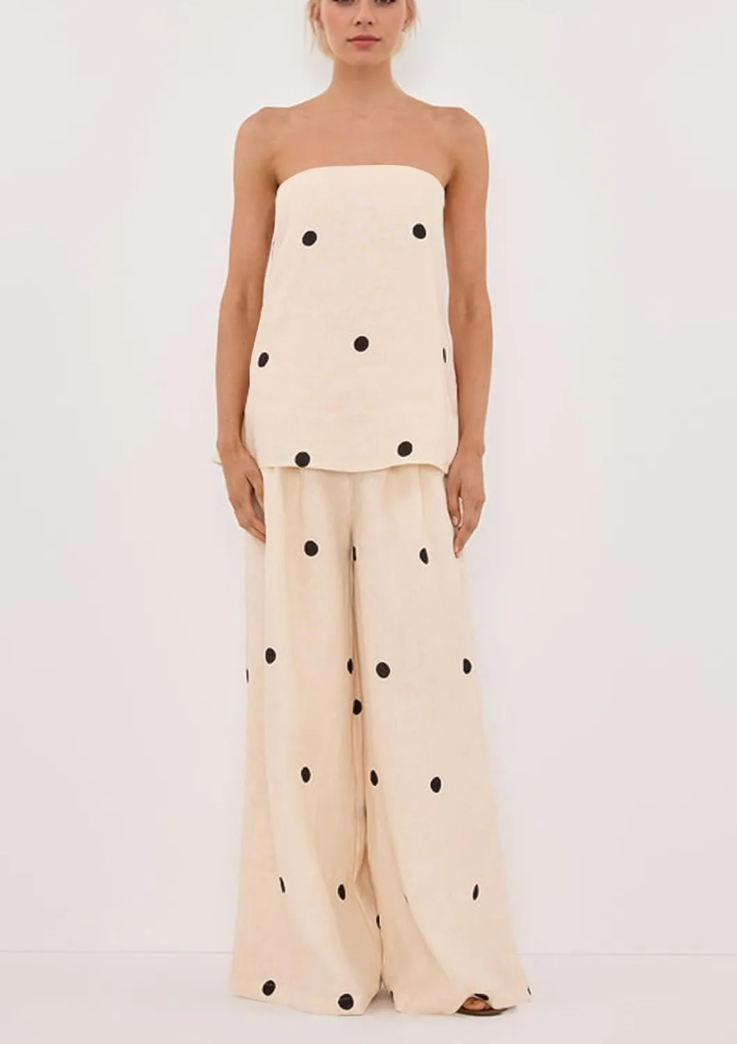 Women 2 Piece Outfits Polka Dot Summer Pants Set Strapless Tube Top High Elastic Waist Wide Leg Pants Lounge Sets